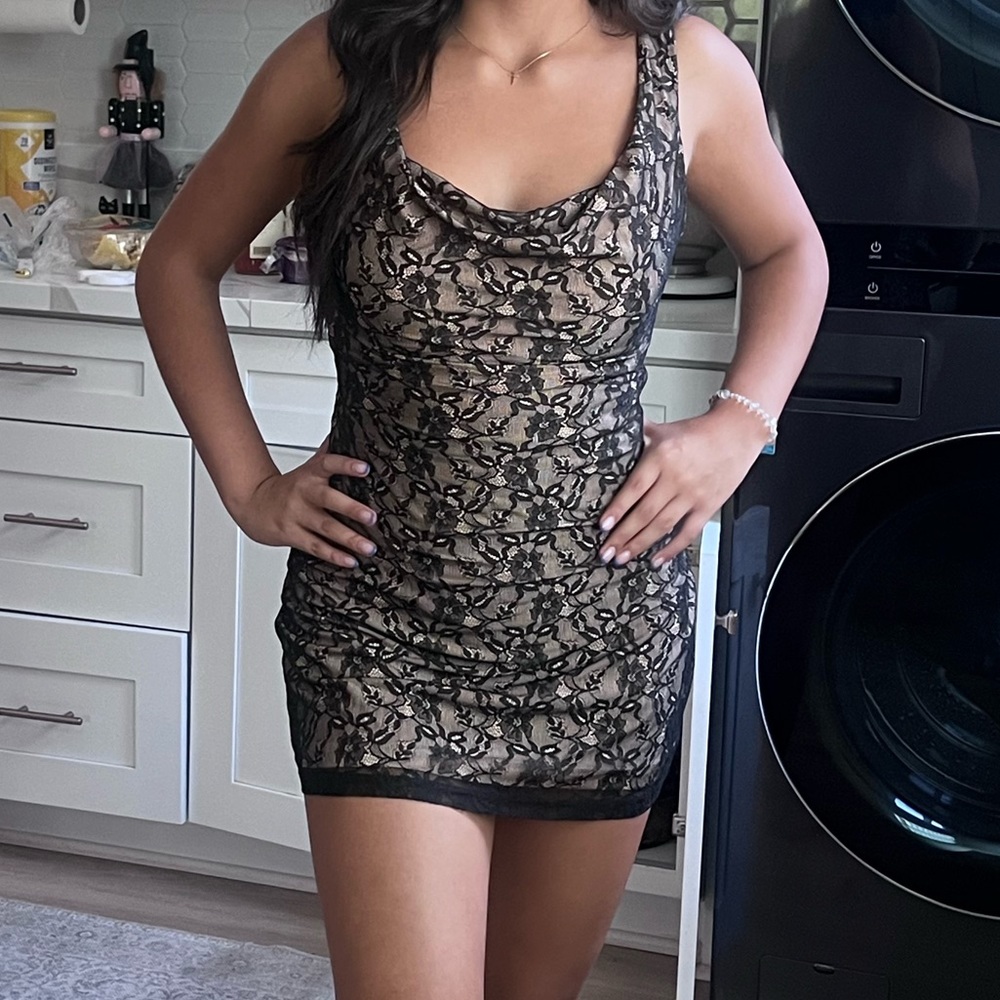 Princess Polly Black and Nude Lace Overlay Dress
